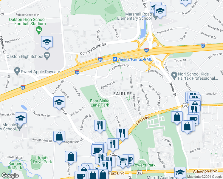 map of restaurants, bars, coffee shops, grocery stores, and more near Bastille Street in Fairfax