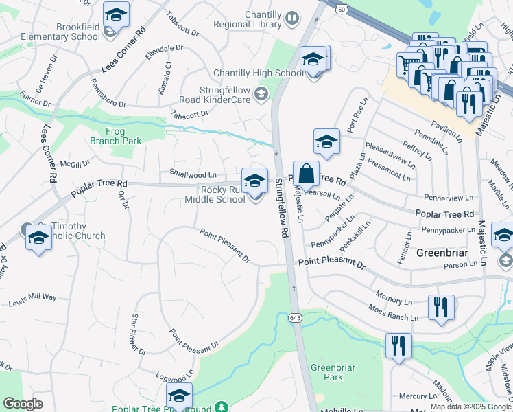 map of restaurants, bars, coffee shops, grocery stores, and more near 4400 Stringfellow Road in Chantilly