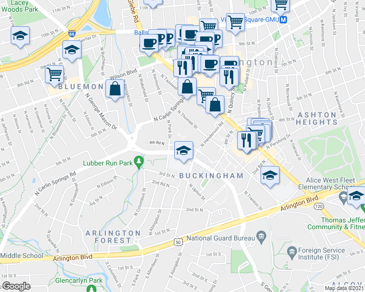 map of restaurants, bars, coffee shops, grocery stores, and more near 4408 4th Road North in Arlington