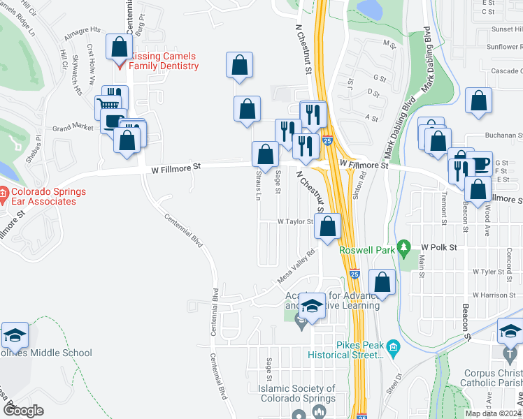 map of restaurants, bars, coffee shops, grocery stores, and more near 51 Straus Lane in Colorado Springs