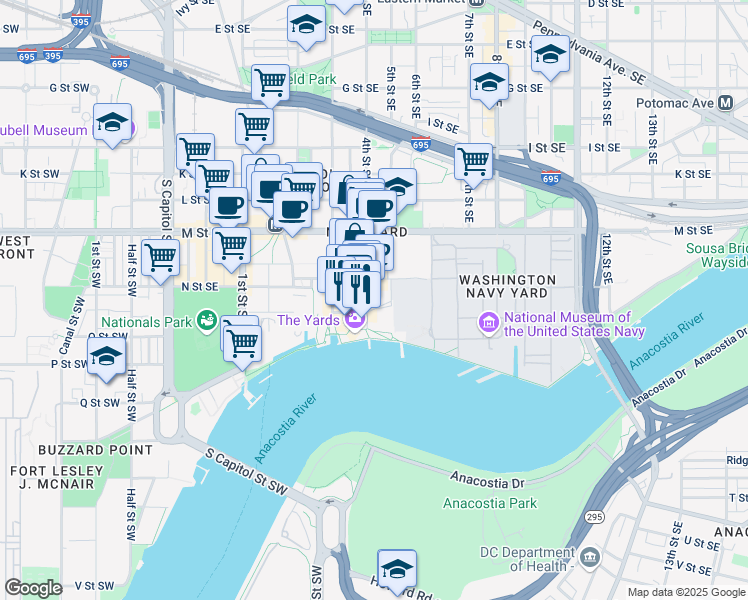 map of restaurants, bars, coffee shops, grocery stores, and more near 1346 4th Street Southeast in Washington