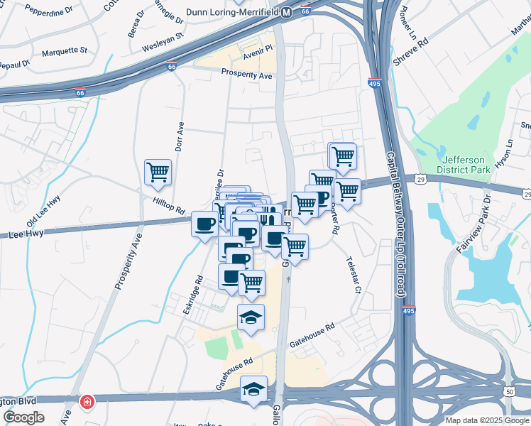 map of restaurants, bars, coffee shops, grocery stores, and more near 8223 Lee Highway in Fairfax
