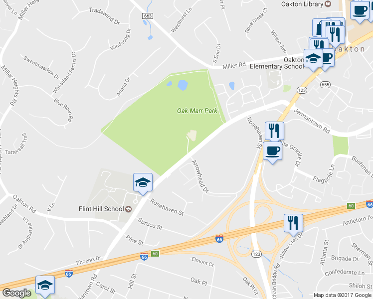 map of restaurants, bars, coffee shops, grocery stores, and more near 3160 County Road 655 in Oakton