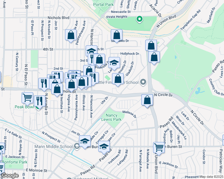 map of restaurants, bars, coffee shops, grocery stores, and more near 1340 East Fillmore Street in Colorado Springs