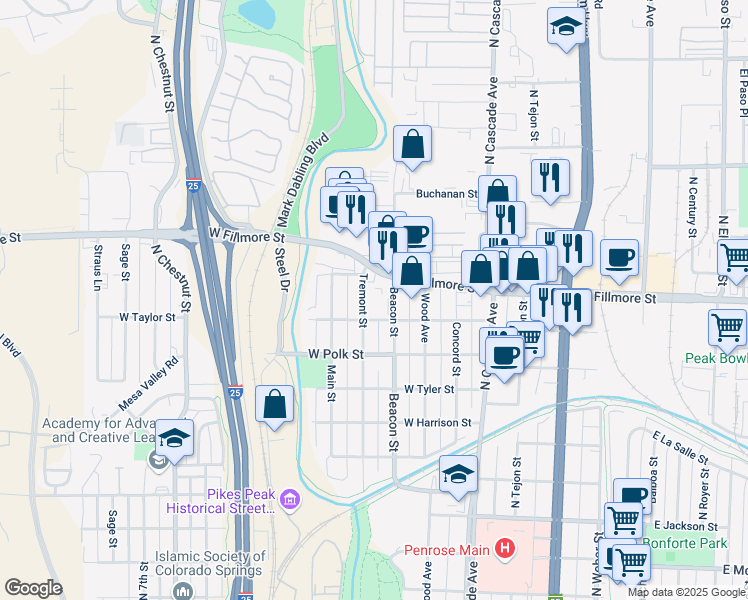 map of restaurants, bars, coffee shops, grocery stores, and more near 2914 Beacon Street in Colorado Springs