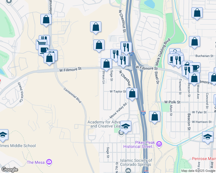 map of restaurants, bars, coffee shops, grocery stores, and more near 51 Straus Lane in Colorado Springs