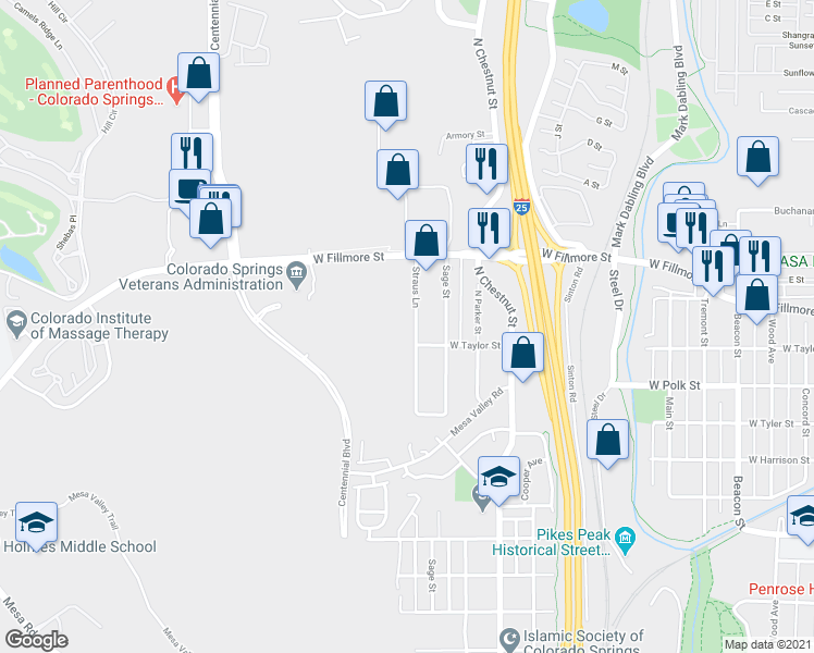 map of restaurants, bars, coffee shops, grocery stores, and more near 51 Straus Lane in Colorado Springs