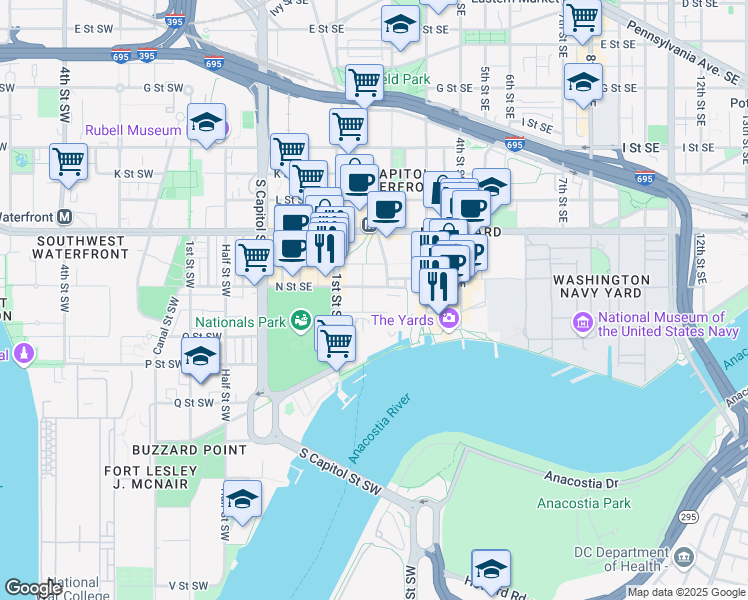 map of restaurants, bars, coffee shops, grocery stores, and more near 101 Independence Avenue Southeast in Washington