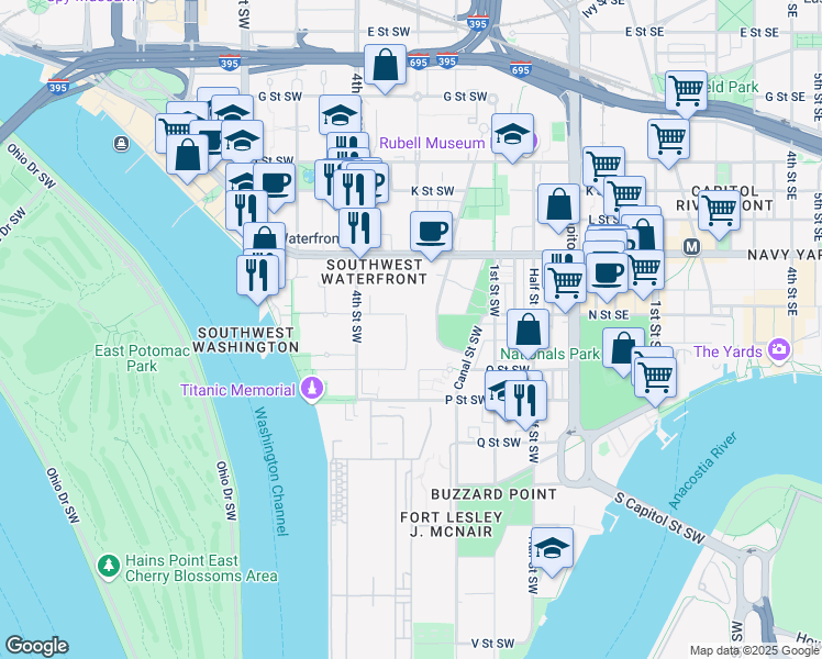 map of restaurants, bars, coffee shops, grocery stores, and more near 1301 Delaware Avenue Southwest in Washington