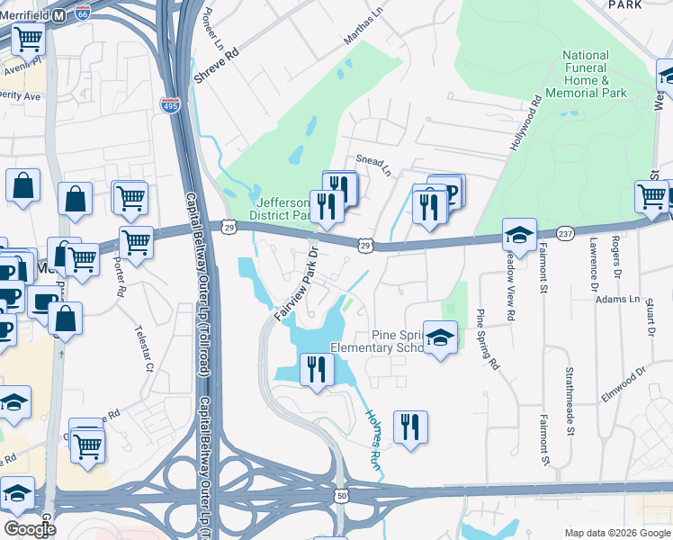 map of restaurants, bars, coffee shops, grocery stores, and more near 2842 New Providence Court in Falls Church