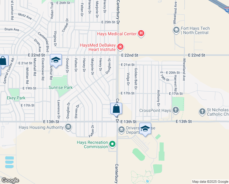 map of restaurants, bars, coffee shops, grocery stores, and more near 1500-1598 Henry Drive in Hays