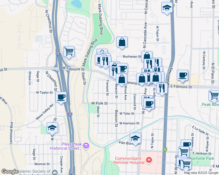 map of restaurants, bars, coffee shops, grocery stores, and more near 2925 Tremont Street in Colorado Springs