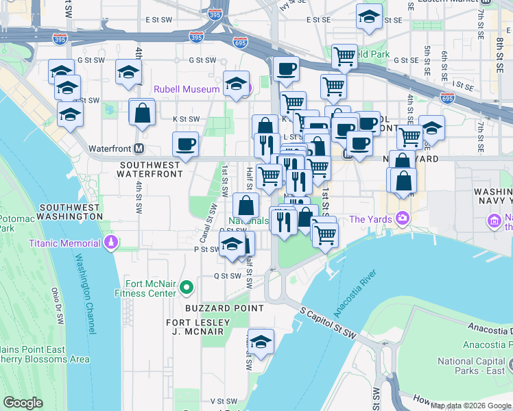 map of restaurants, bars, coffee shops, grocery stores, and more near 101 Independence Avenue Southeast in Washington