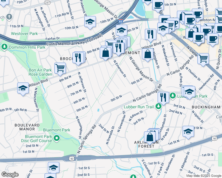 map of restaurants, bars, coffee shops, grocery stores, and more near 609 North Greenbrier Street in Arlington