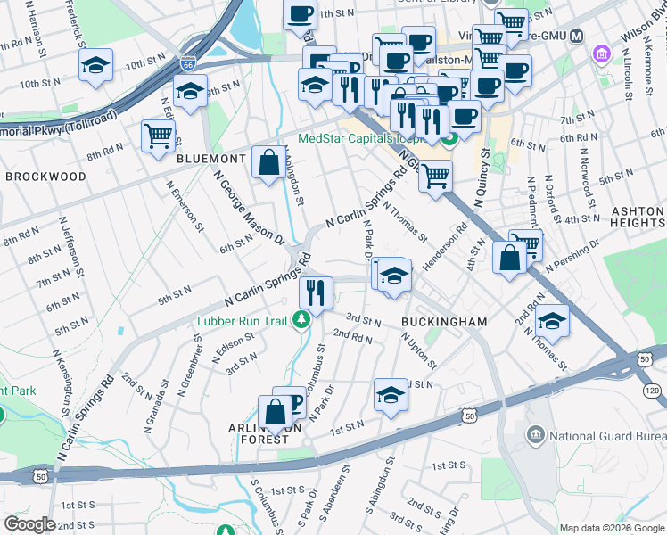 map of restaurants, bars, coffee shops, grocery stores, and more near 4606 4th Road North in Arlington