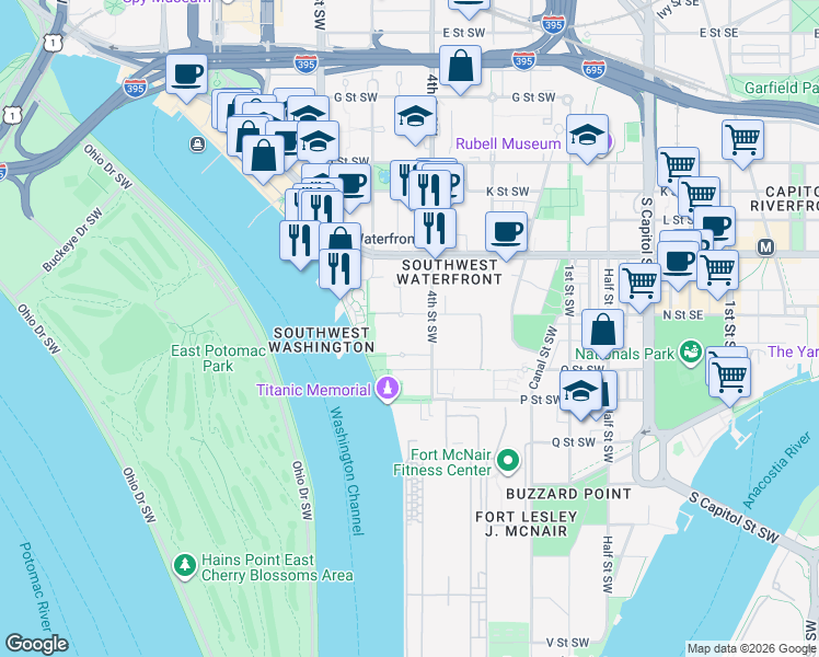 map of restaurants, bars, coffee shops, grocery stores, and more near 540 N Street Southwest in Washington