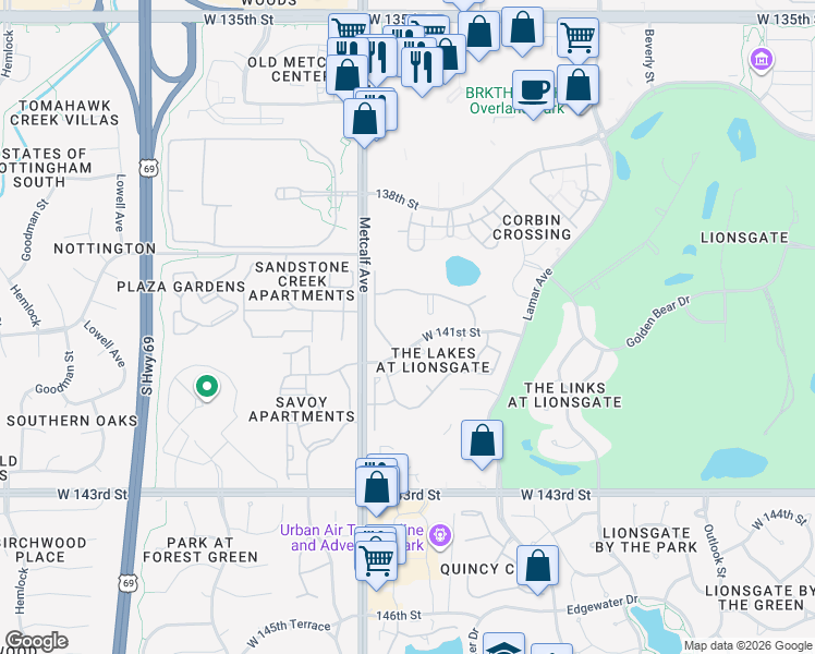map of restaurants, bars, coffee shops, grocery stores, and more near 14048 Barkley Street in Overland Park