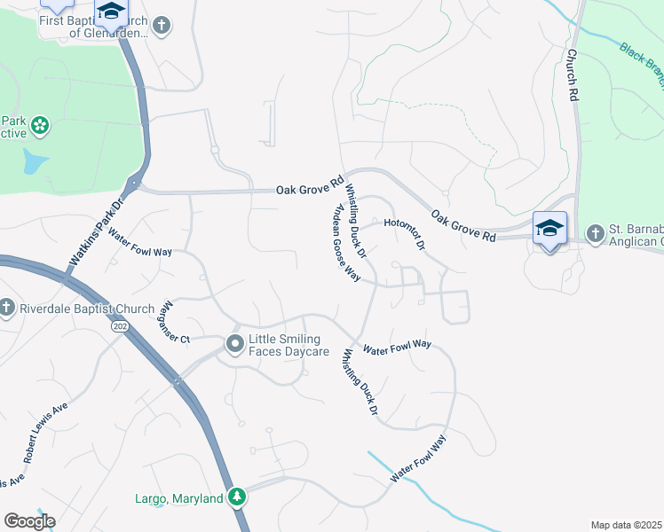 map of restaurants, bars, coffee shops, grocery stores, and more near 1103 Andean Goose Way in Upper Marlboro