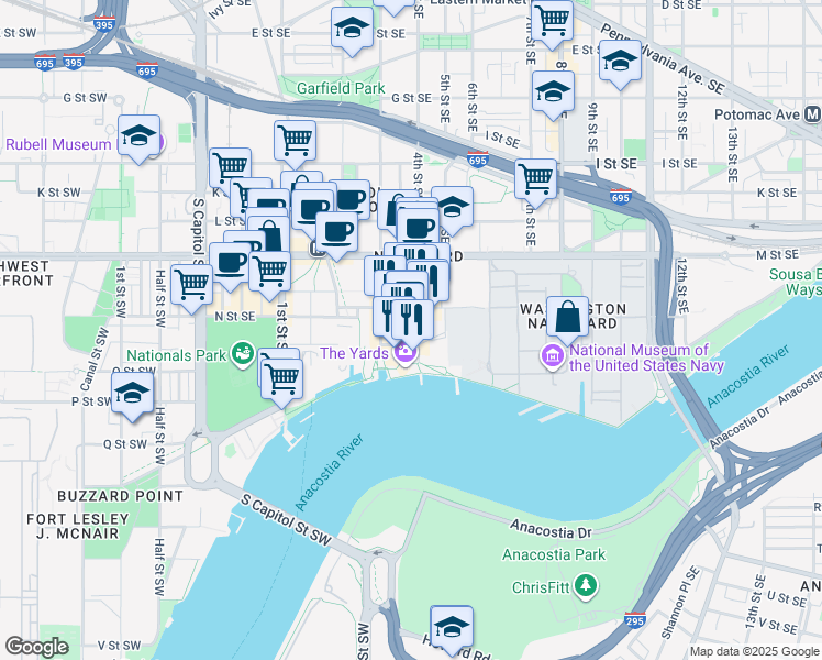map of restaurants, bars, coffee shops, grocery stores, and more near 1331 4th Street Southeast in Washington