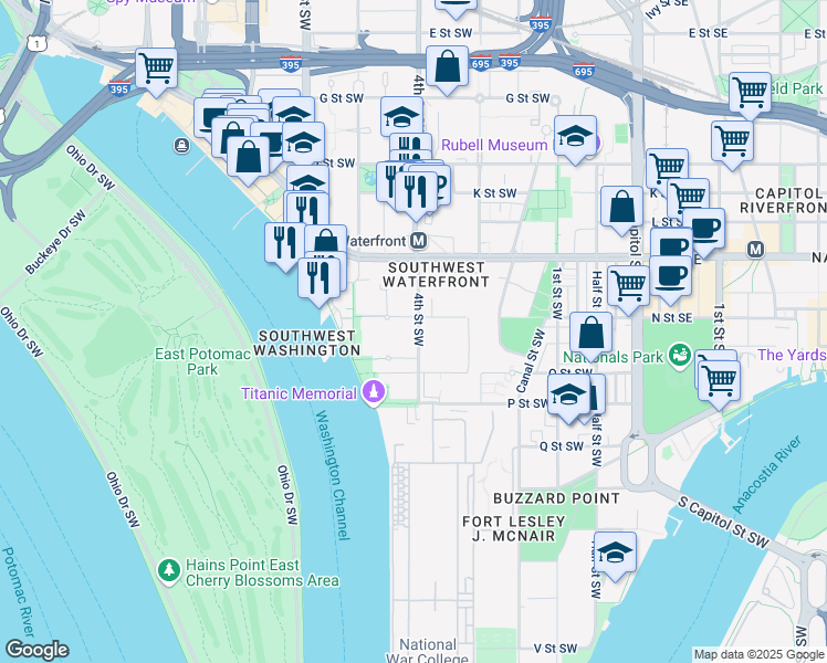 map of restaurants, bars, coffee shops, grocery stores, and more near 1309 4th Street Southwest in Washington