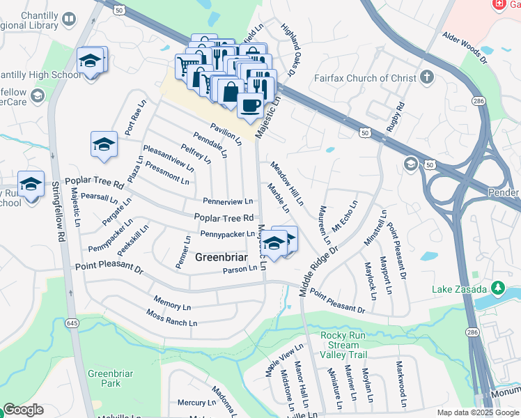map of restaurants, bars, coffee shops, grocery stores, and more near Majestic Lane in Fairfax