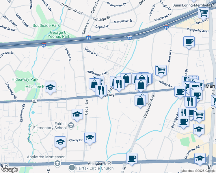 map of restaurants, bars, coffee shops, grocery stores, and more near 2826 Old Lee Highway in Fairfax