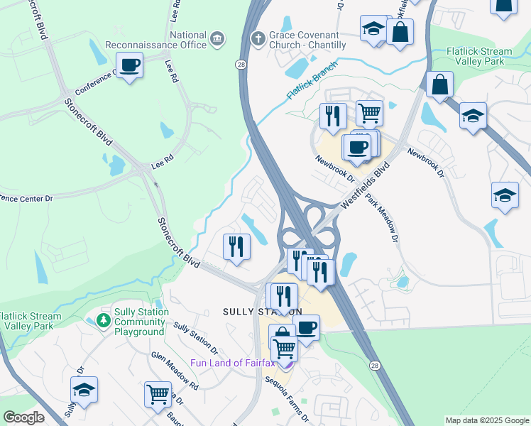 map of restaurants, bars, coffee shops, grocery stores, and more near 14496 Lake Vista Drive in Chantilly