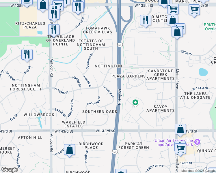 map of restaurants, bars, coffee shops, grocery stores, and more near 13906 Lowell Avenue in Overland Park