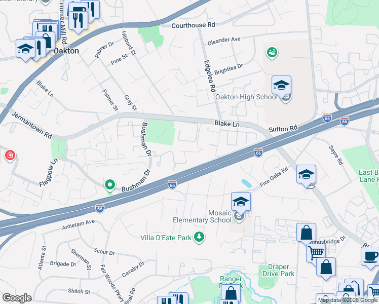 map of restaurants, bars, coffee shops, grocery stores, and more near 9977 Cyrandall Drive in Oakton