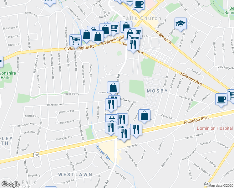 map of restaurants, bars, coffee shops, grocery stores, and more near 2855 Annandale Rd in Falls Church