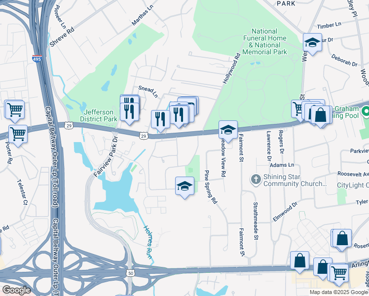map of restaurants, bars, coffee shops, grocery stores, and more near 2843 Windsor Drive in Falls Church