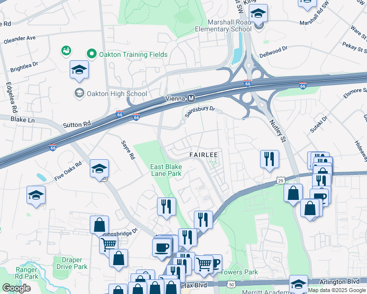 map of restaurants, bars, coffee shops, grocery stores, and more near 2956 Finsbury Place in Fairfax