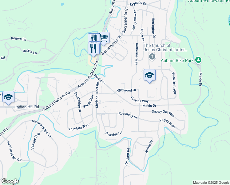 map of restaurants, bars, coffee shops, grocery stores, and more near Maidu Drive & Montana Drive in Auburn