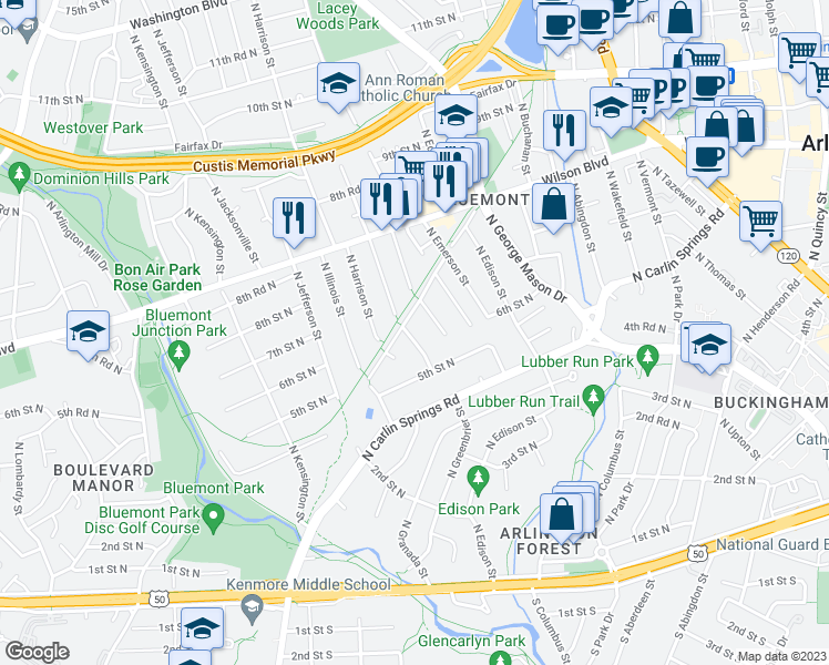map of restaurants, bars, coffee shops, grocery stores, and more near 609 North Greenbrier Street in Arlington
