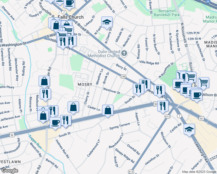 map of restaurants, bars, coffee shops, grocery stores, and more near 2838 Linden Lane in Falls Church