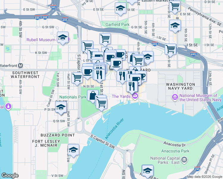 map of restaurants, bars, coffee shops, grocery stores, and more near 101 Independence Avenue Southeast in Washington