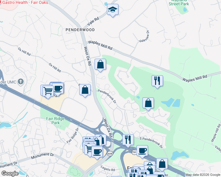 map of restaurants, bars, coffee shops, grocery stores, and more near 12105 Green Leaf Court in Fairfax