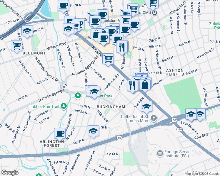 map of restaurants, bars, coffee shops, grocery stores, and more near 434 North Thomas Street in Arlington