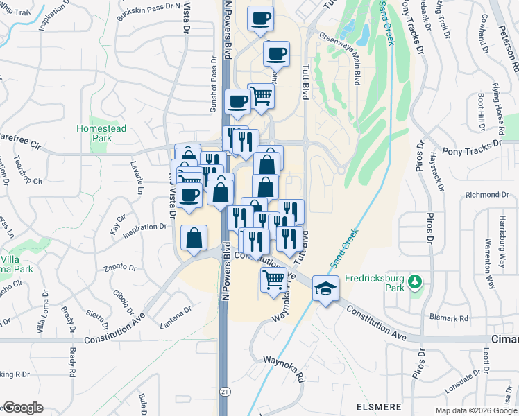 map of restaurants, bars, coffee shops, grocery stores, and more near 2945 New Center Point in Colorado Springs