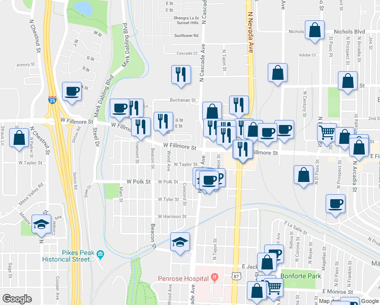map of restaurants, bars, coffee shops, grocery stores, and more near 2912 Concord Street in Colorado Springs