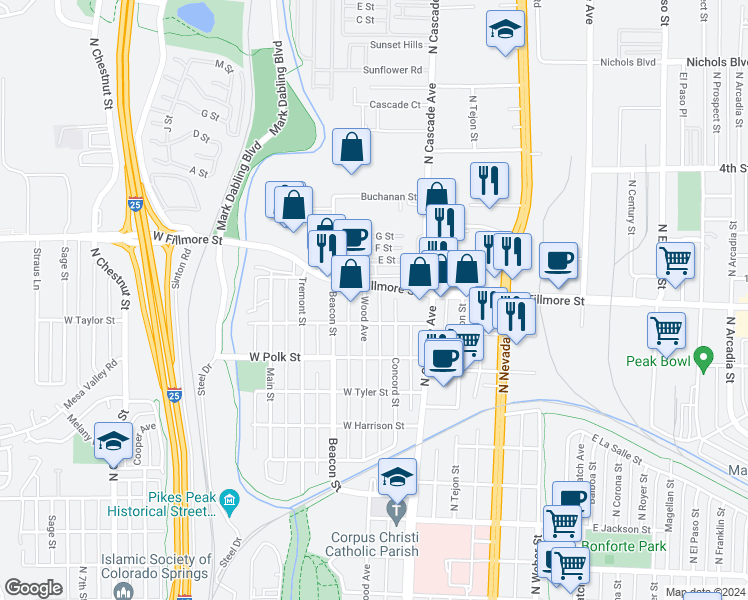 map of restaurants, bars, coffee shops, grocery stores, and more near 2912 Concord Street in Colorado Springs