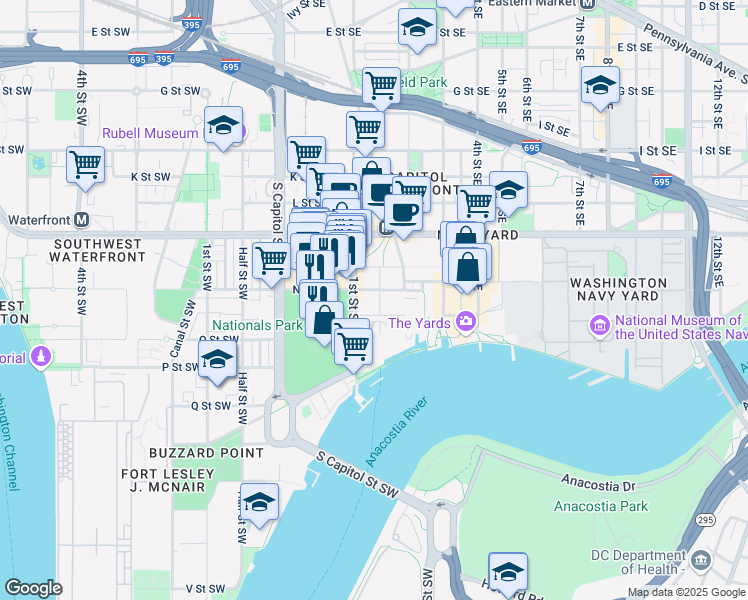 map of restaurants, bars, coffee shops, grocery stores, and more near 101 Independence Avenue Southeast in Washington