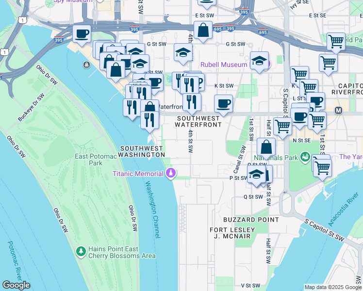 map of restaurants, bars, coffee shops, grocery stores, and more near 510 N Street Southwest in Washington