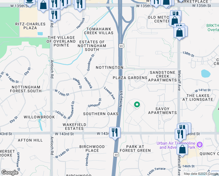 map of restaurants, bars, coffee shops, grocery stores, and more near 13906 Lowell Avenue in Overland Park