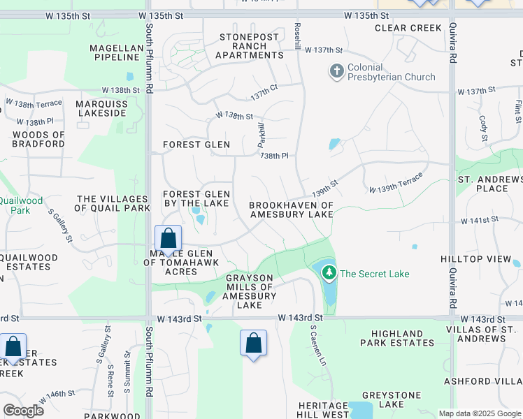 map of restaurants, bars, coffee shops, grocery stores, and more near 14025 Parkhill Lane in Overland Park