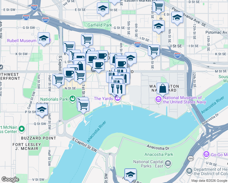 map of restaurants, bars, coffee shops, grocery stores, and more near 301 Tingey Street Southeast in Washington