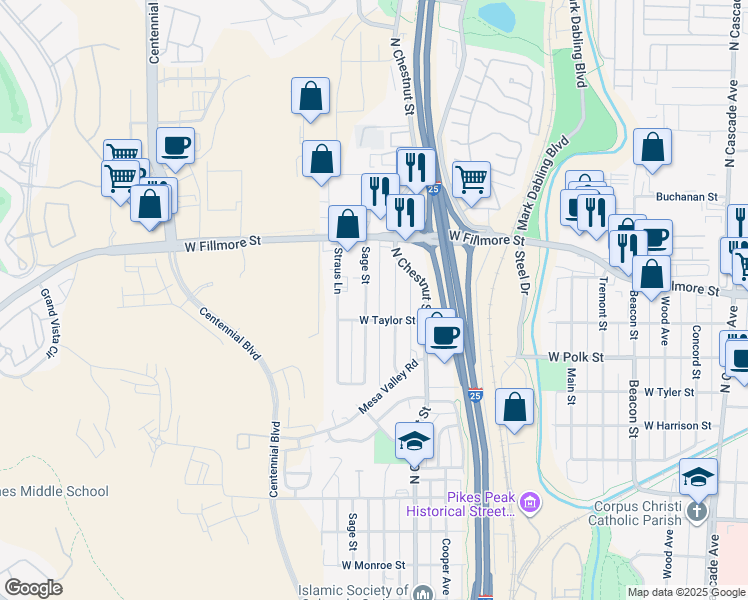 map of restaurants, bars, coffee shops, grocery stores, and more near 2905 Sage Street in Colorado Springs