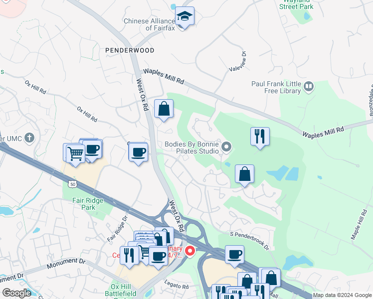 map of restaurants, bars, coffee shops, grocery stores, and more near 12106 Green Ledge Court in Fairfax