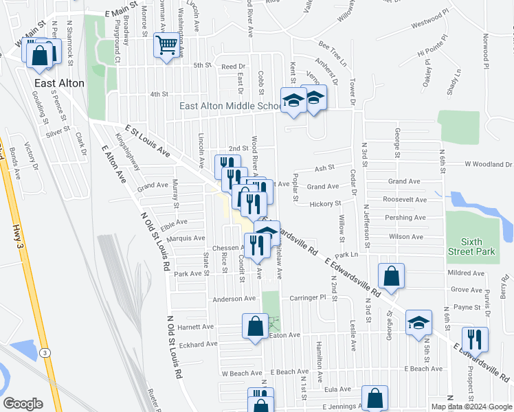 map of restaurants, bars, coffee shops, grocery stores, and more near 0 Wood River Avenue in Wood River