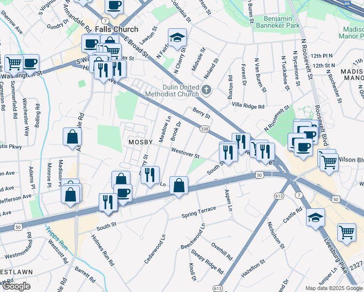 map of restaurants, bars, coffee shops, grocery stores, and more near 2838 Linden Lane in Falls Church